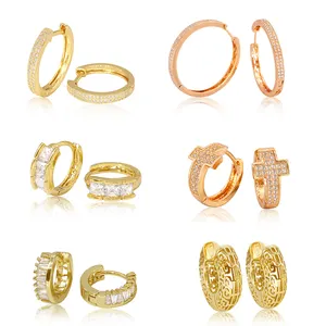 Fashion Brass Jewelry Trendy 18K & Champagne Gold Plated Cubic Zirconia Diamond Cz Huggie Hoop Earrings For Women