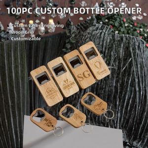 Paquete de 100 abridores de botellas personalizados con mango de madera, espacios en blanco para grabado láser, mezcla de 2 estilos para uso en bares, abridor promocional de metal - Product Image 3