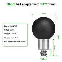Adaptateur à rotule FANAUE 20mm avec filetage 1/4 \ "boule en caoutchouc étanche compatible avec le bras de douille à montage sphérique RAM 20mm