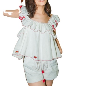 Da donna grazioso Nighty 2 pz Set con Design a balze in cotone bianco ricamato Top e pantaloncini in cotone con volant - Product Image 1