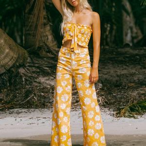 Factory Design Women's Floral Tube <b>Top</b> Casual <b>Trousers</b> Two Piece <b>Set</b> Custom <b>Linen</b> Bohemian Pants <b>Set</b> - Product Image 2