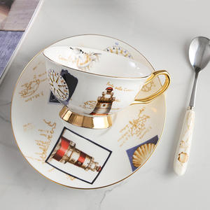Juego de tazas de café de porcelana de hueso de lujo ligero de estilo europeo, borde dorado de cerámica, té de la tarde, taza inglesa, platillo con cuchara - Product Image 3