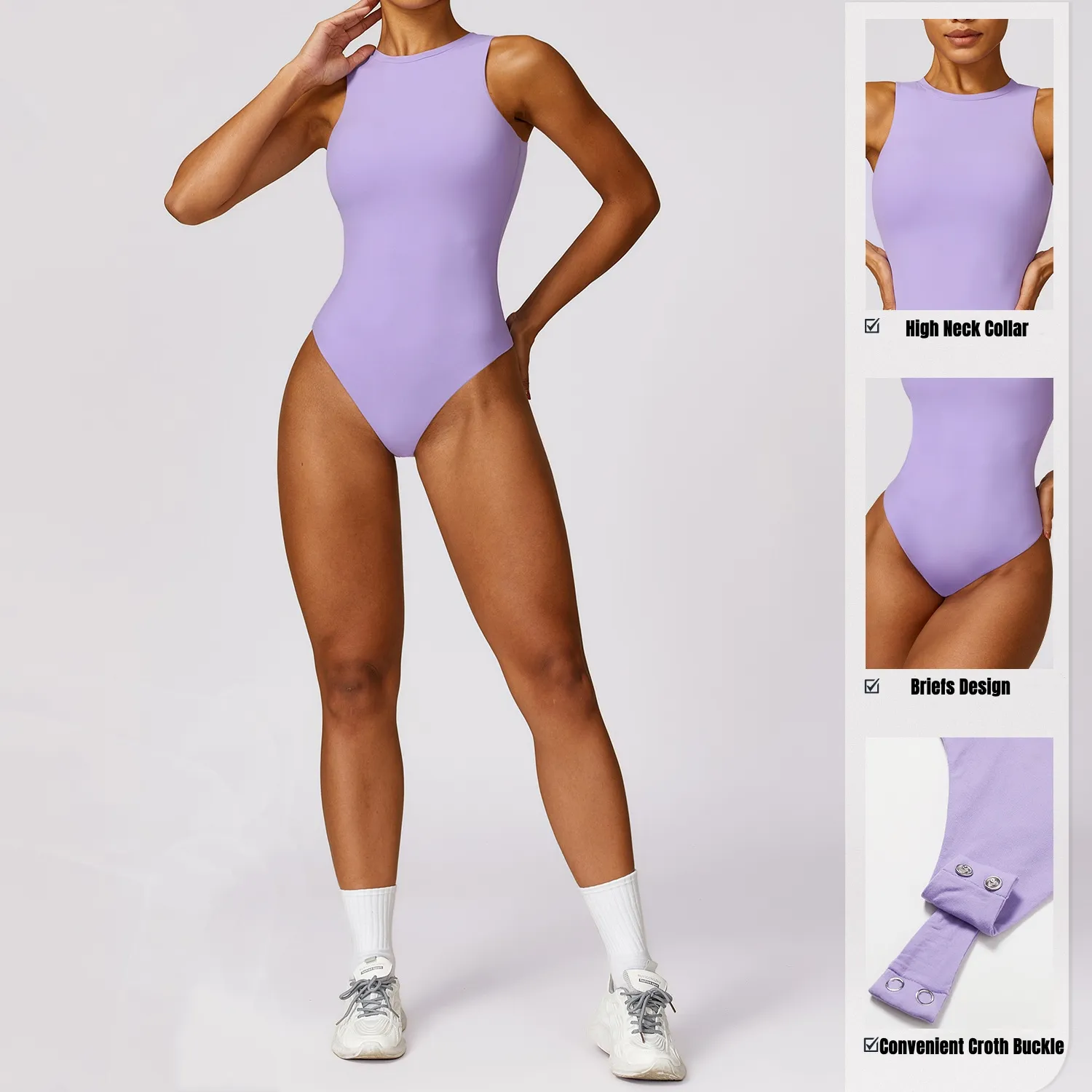 Individuelles Logo Damen Körperanzug mit hohem Nacken ärmellos einteilig Yoga-Short-Jumpsuit Bodycon Strampler Fitness-Jumpsuit für Damen