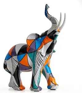 AWNR Graffiti Abstrait Éléphant Statue 9.8 #39 ;#; H Géométrique Coloré avec Tronc Up Sculpture Résine Art Collectibles Figurines Mo