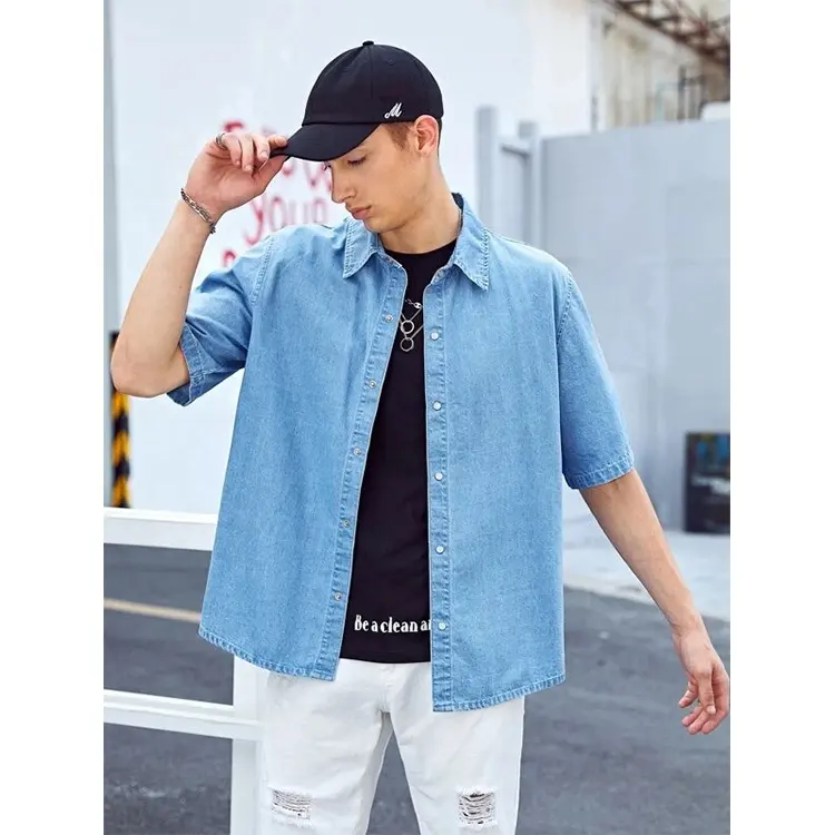 Hot Selling Jeans Shirts Custom Snap Button Up Korte Mouwen Effen Denim Shirts Voor Mannen