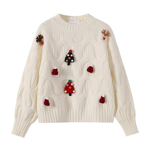 Pull col rond ample en tricot pour femme grande taille, avec décorations de Noël 3D, hiver 2025, manches longues, épais et chaud - Product Image 1