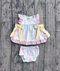 GBO0513 Ensemble de vêtements pour fillette personnalisé sans MOQ, rose, bleu, à carreaux, fleurs, manches courtes, Bummies, vente en gros pour enfants - Product Image 6