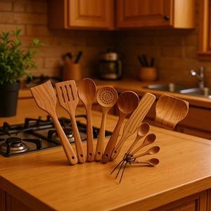 Juego de utensilios de cocina de madera de acacia, 11 piezas, herramientas de cocina resistentes al calor, kit de cucharas y espátulas para uso doméstico - Product Image 1