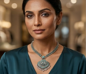 Women's Ornate <b>Blue</b> Stone Teardrop Pendant Oxydized <b>Necklace</b> Traditional Ethnic Statement Jewelry Wedding Festival Party Wear - Product Image 1