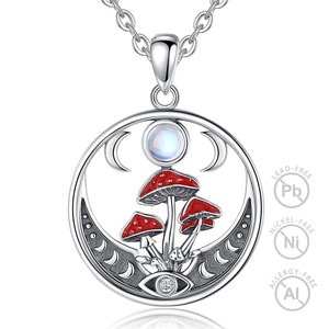 Collar Changda Vintage <span class=keywords><strong>de</strong></span> Plata <span class=keywords><strong>de</strong></span> Ley 925 con Cadena <span class=keywords><strong>de</strong></span> Eslabones y Colgante <span class=keywords><strong>de</strong></span> Hongo Mágico con Fases Lunares, Ideal para Compromiso, Boda o Fiesta - Product Image 1