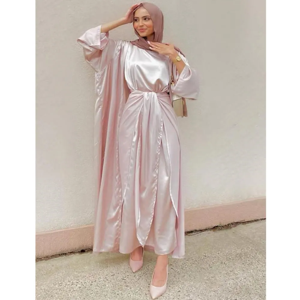 2022 New Muslim Clothing Solid Color Coat Kaftan Abaya Maxi Dress With Hijab 3 Piece Set For Women