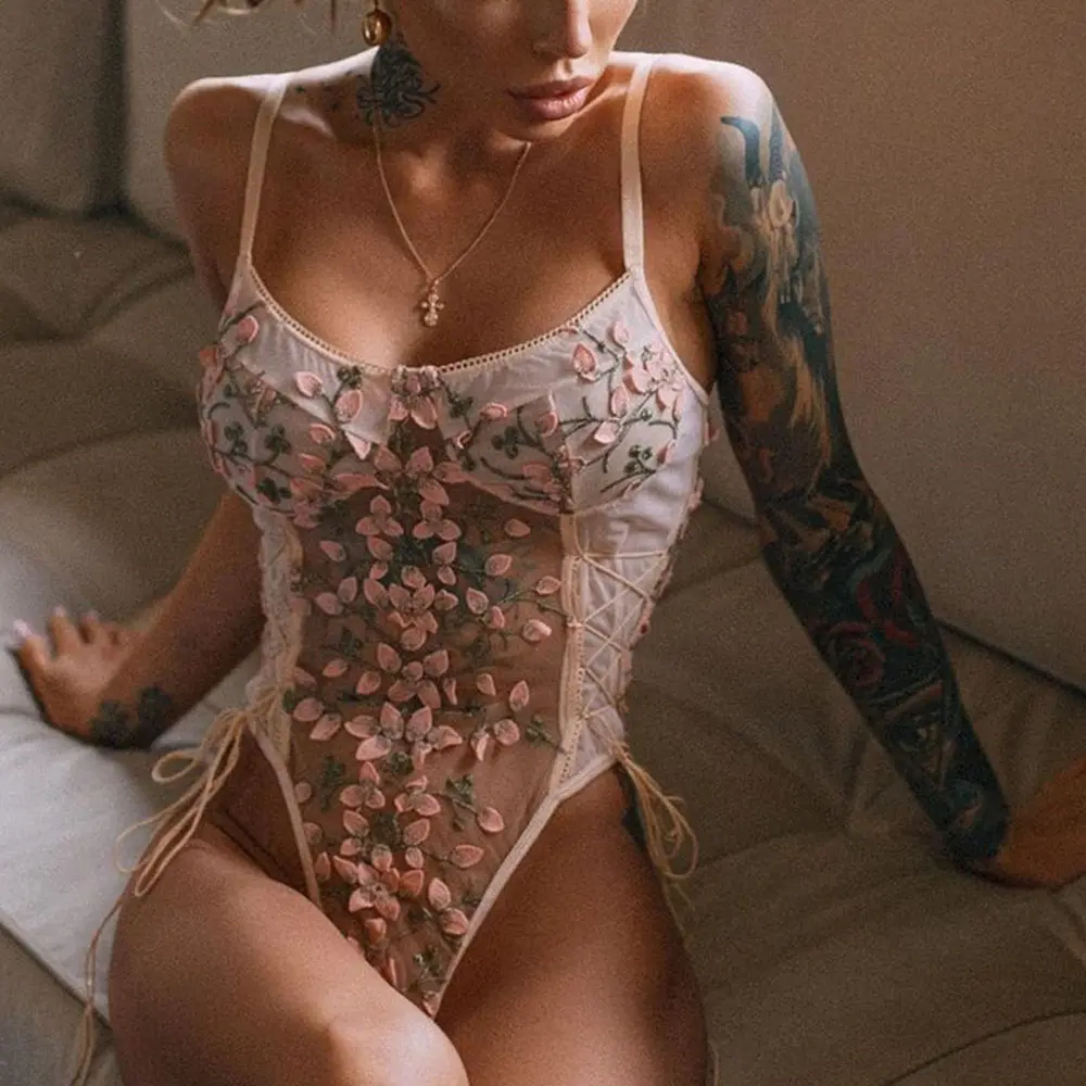 2024 yeni kadın seksi See Through dantel Up çiçek nakış tek parça iç çamaşırı Bodysuits