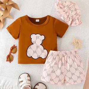 Roupas de menina de 0-3T com desenho de urso estampado para crianças, roupas boutique, camiseta, shorts, chapéu de sol, roupa fofa de verão para crianças, 2024