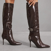 Bottes hautes marron en cuir verni pour femme, personnalisables, à bout pointu, avec fermeture éclair latérale et boucle, talon aiguille