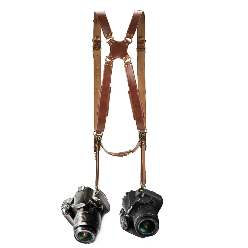 Custom Camera Strap Accessories Quick Release Dual Shoulder Leather Harness Camera Strap for Two Cameras