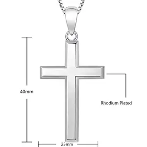 925 Sterling Silver Simple Design Glossy Christian Cross Pendant Necklace For Women Men