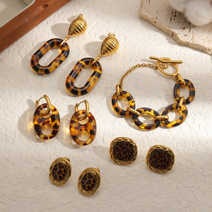 Leopard Print Stainless Steel Jewelry <b>Set</b> Geometric Oval Earrings <b>Bracelet</b> Party Fashion Gold Plated - Product Image 1