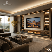 Système mural TV en bois de style italien de luxe avec foyer électrique intégré et éclairage LED intelligent pour salon et villa