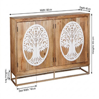Buffet en bois sculpté à la main avec motif Arbre de Vie, console de rangement en bois massif avec base métallique, luxe pour salon