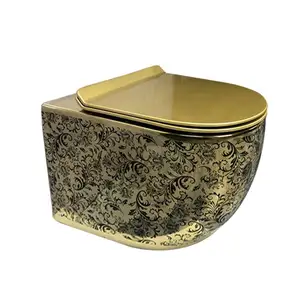 Luxury high end black and gold toilet bathroom sanitary ware p-trap washdown wall-hung toilet