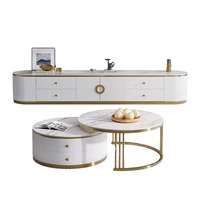 Ensemble table basse ronde et meuble TV en marbre et bois, style moderne et luxueux, avec tiroirs, pour salon ou salle à manger, design de meubles pour la maison