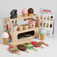 Juego de simulación de heladería rosa para niñas, juguete de madera con cuchara, menú y dinero para niños pequeños