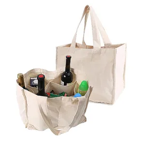 حقيبة كتب قطنية بيج متعددة الجيوب لقنينة النبيذ القابلة للطي مخصصة للتسوق مزودة بمقصورات