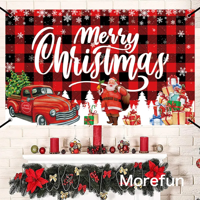 Noel zemin afiş Merry Christmas parti fotoğraf arka plan kırmızı siyah Buffalo kontrol ekose noel baba zemin dekor