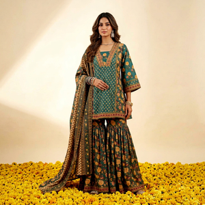 Traditional <b>Indian</b> Women's Green Cotton Floral Print <b>Kurti</b> Sharara Set Loose Fit Floor-Length Casual All Season Ethnic Wear - Product Image 1