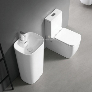Ensemble de toilettes et lavabo sur pied en céramique moderne blanc, à chasse d'eau directe, à poser au sol, WC carré - Product Image 1