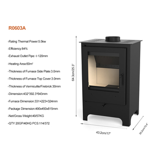 Poêle à bois d'intérieur compact et écologique EN16510 CE ROHS R0603A 5,5 kW pour le chauffage et le réchauffement avec alimentation en air secondaire - Product Image 5