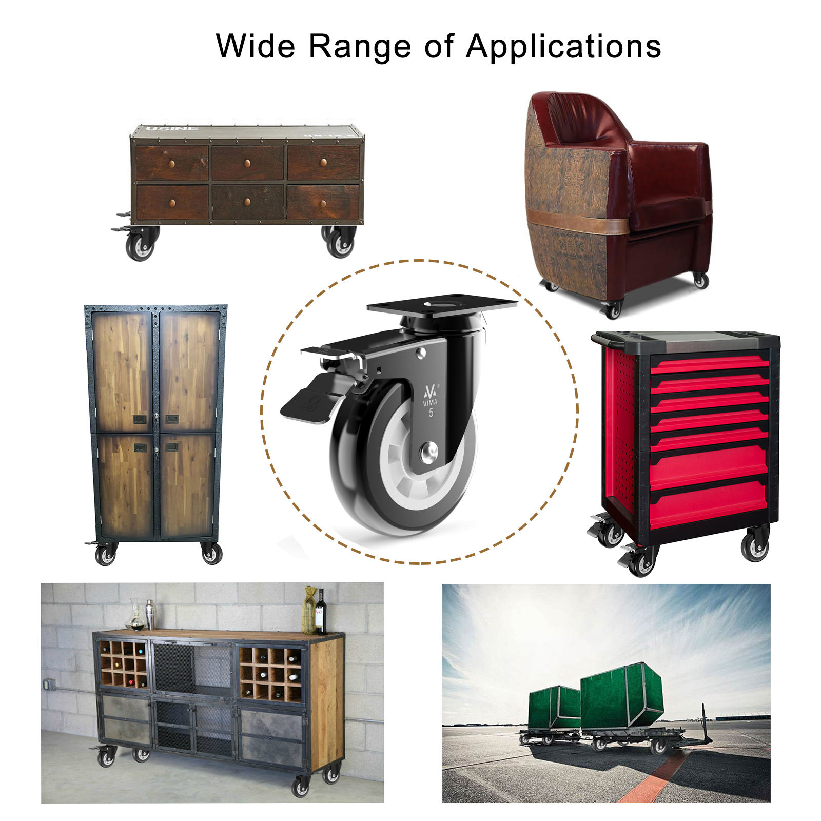 Heavy Duty Plate Castor Wheels 5 Inch PU No Noise Premium Polyurethane Double Ball Bearing Steels Workbench Caster