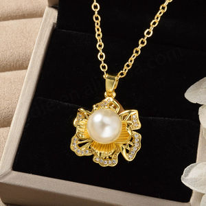 Fashion Wholesale Premium 18k Gold Plated <b>Pearl</b> Zircon Flower Ring <b>Earrings</b> <b>and</b> Pendant <b>Necklace</b> Jewelry Set - Product Image 2