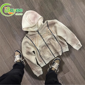 Fabricants de vêtements Streetwear Broderie personnalisée Vintage Acid Wash French Terry Distressed Rhinestone Zip up Hoodie pour hommes - Product Image 3