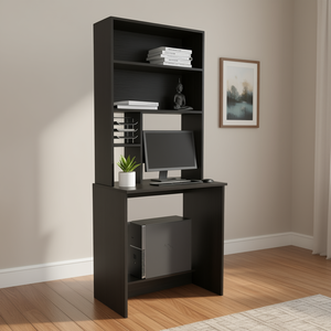 Scrivania per computer Monroe a quattro ripiani, finitura nero wengue, materiale in legno, mobili per ufficio domestico - Product Image 2