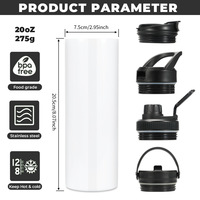 Gobelet isotherme en acier inoxydable de 20 oz, vierge pour sublimation, modèle mince et droit, avec couvercle et paille