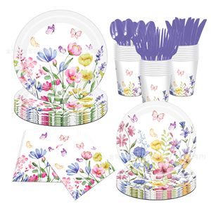 Summer Floral Butterfly Disposable Tableware <b>Set</b> Paper Plates <b>Cups</b> Napkins Party Supplies Kit Wildflower Design - Product Image 1