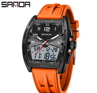 Jam Tangan Analog Digital Kuarsa Pria Casing Tonneau Hitam Oranye Angka Arab Tanggal Minggu Tali Silikon Olahraga