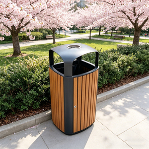 Bote de Basura Rectangular de Acero para Exteriores con Tapa Impermeable y Borde de Madera, <span class=keywords><strong>Sin</strong></span> Tapa, para Uso en Interiores/Exteriores - Product Image 5