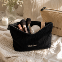 Pochette cosmétique en velours côtelé avec logo brodé personnalisé, fermeture éclair, sac à main portable, organiseur de voyage quotidien pour femmes, trousse de maquillage