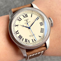 Tandorio hommes Vintage montre automatique chiffres romains grande couronne 39mm NH35 PT5000 mouvement bracelet en cuir marron étanche
