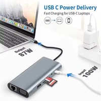Hub USB-C 11-en-1 avec ports RJ45 4K 1000 Mbps, USB 3.0, USB 2.0, lecteur de carte Micro SD/TF, AUX et port de charge USB-C PD 100W