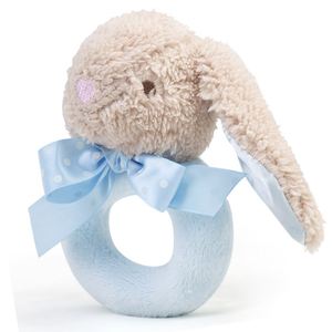 Hochet en peluche pour bébé, lapin <span class=keywords><strong>beige</strong></span> doux avec anneau bleu, poignée douce et anneau de préhension avec nœud bleu - Product Image 6