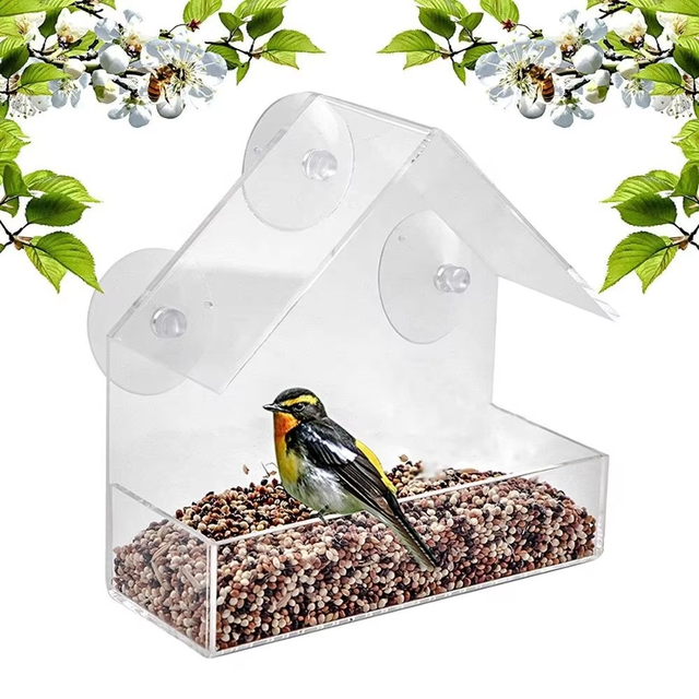 Patio Bird Watching Clear Acrylic Window Mounted Bird Feeder With Suction Cups for Small Birds