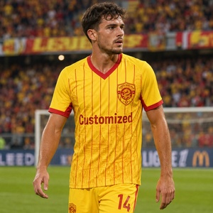 Maillot de football rayé rouge et jaune personnalisé avec logo et nom, séchage rapide, pour hommes et femmes, club, école, fan, équipe de football - Product Image 1
