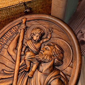 Plaque en <span class=keywords><strong>bois</strong></span> sculptée à la main de Saint <span class=keywords><strong>Christophe</strong></span>, décoration murale catholique rustique ovale pour la maison ou l'église - Product Image 3