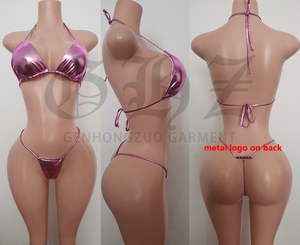 Maillot de bain bikini taille haute personnalisé vêtements de plage ensemble de deux pièces sexy avec étiquette de logo décoration de bijou imprimés à carreaux léopard - Product Image 2