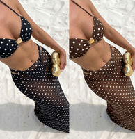 Badpak met 2 kleuren stippen, bandeau top, driedelig, met schelp, sexy dames bikini set, doorschijnend mesh strandrokje