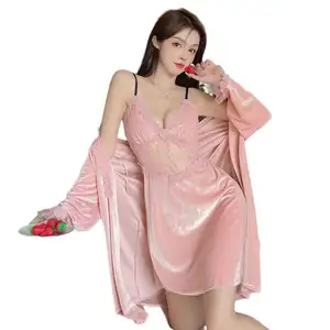 Женская бархатная Пижама, новинка весны и осени 2023, ажурная Ночная рубашка на бретелях, сексуальный комплект из двух предметов
