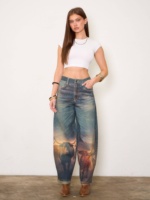 Jean en denim pour femme de haute qualité, coupe baril, imprimé animal numérique, décontracté, sexy, en coton, bleu délavé vintage, pour l'été